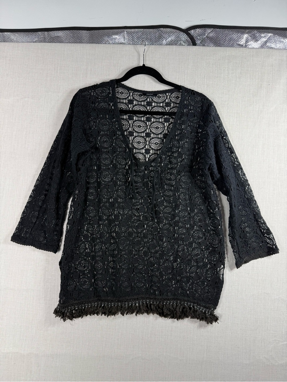 Raviya Black Crochet Fringe Swim Coverup Tunic with V-Neck